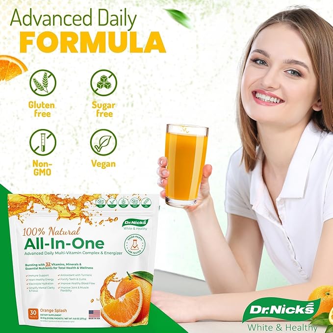 Dr. Nick's Multivitamin Powder for Women 30 Pack Orange Splash Multivitamin for Women with 32 Vitamins and Minerals Sugar Free Non-GMO Vegan Gluten-Free Potent Probiotics Antioxidant