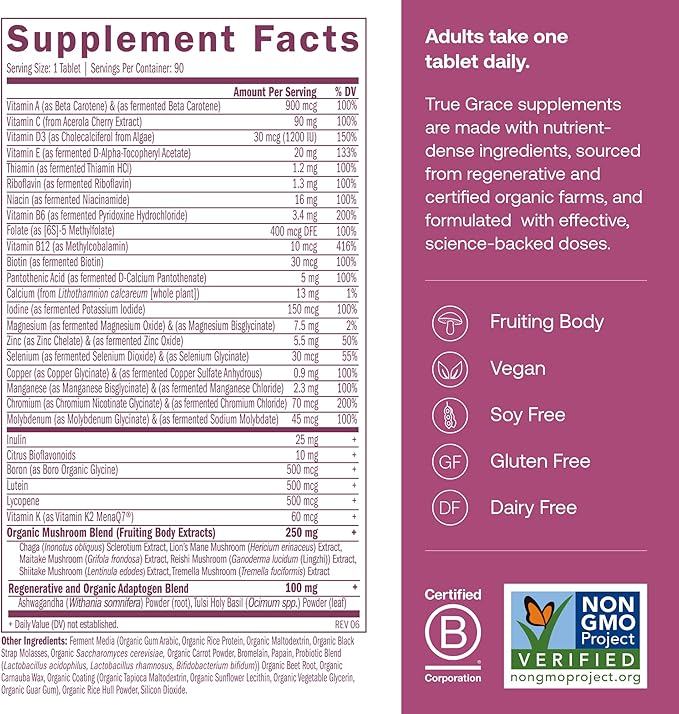 True Grace One Daily Women’s Multivitamin 40+ Fermented Minerals Organic Adaptogens &amp Mushrooms Energy Immune Bone Support - Non-GMO - Iron Gluten &amp Soy Free - 90 Vegan Tablets