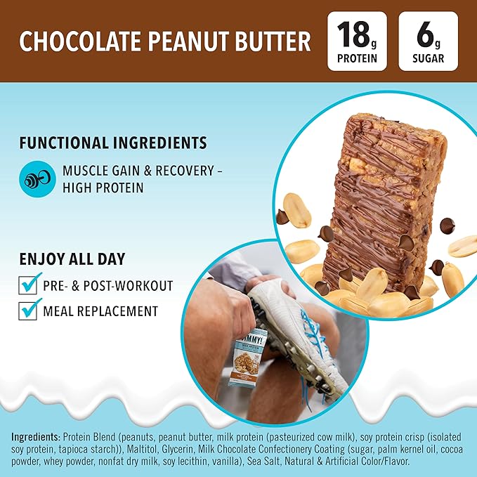 JiMMYBAR! Chocolate Peanut Butter Protein Bars 18g Protein Bar 6g Low Sugar - 12 Count - 58g Health Bars - Functional Snack with Real Peanuts &amp Hand-Drizzled Chocolate