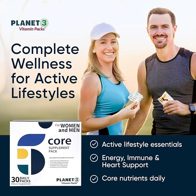 Planet 3 Vitamin Packs Daily Vitamins for Both Men &amp Women Energy Immune &amp Heart Support | Multivitamin Vitamin D Omega 3 Probiotics Biotin B12 &amp More | Core Supplements | 120 Dail