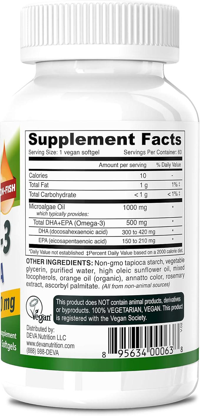 DEVA Vegan Omega-3 DHA-EPA 500MG – No Carrageenan Non-Fish Oil Derived from Algae Non-GMO 60 Gelatin-Free Softgels