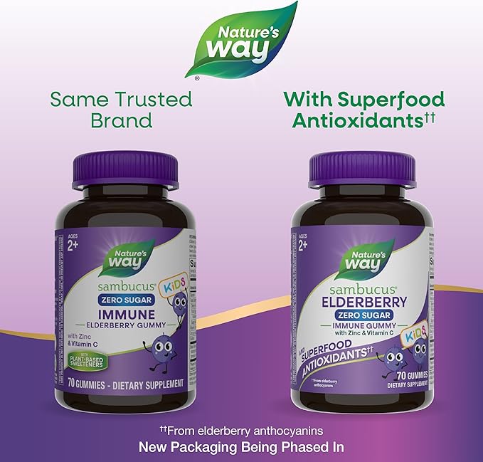 Nature's Way Sambucus Zero Sugar Elderberry Immune Gummies for Kids Immune Support* with Vitamin C Zinc Black Elderberry Extract 70 Count (Packaging May Vary)