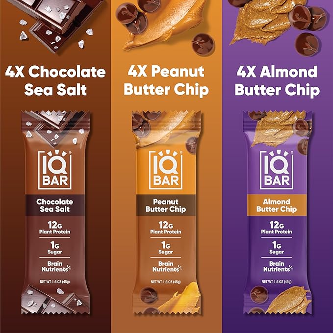 IQBAR Clean Plant Protein Bars - Chocolate Lovers Variety - 12 Count - Keto Vegan High Fiber Gluten and Dairy Free Low Sugar Snack - Brain and Body Nutrients for Focus Energy Meal Replacement