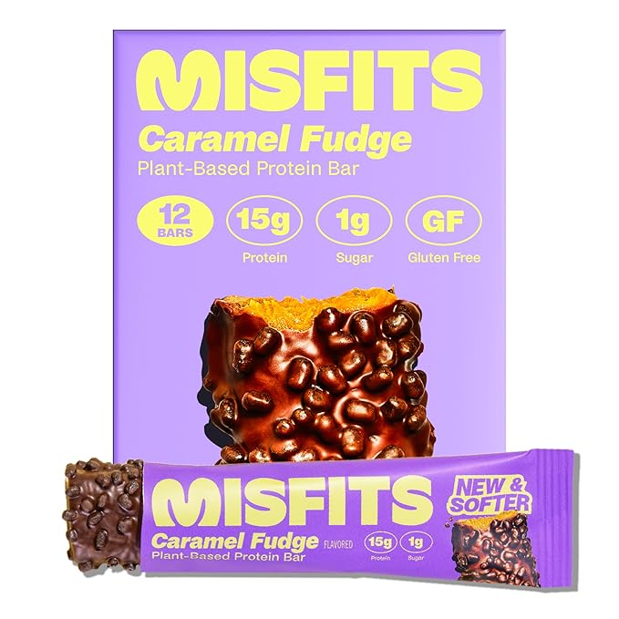 Misfits Vegan Protein Bars - Sweet Caramel Fudge | Nutrition Bars - 15g Protein 1g Sugar Plant-based Low Carb Non-GMO Gluten Free Snacks | Pack of 12