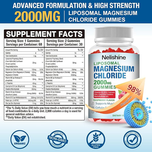 2 Pack Liposomal Magnesium Chioride Gummies 2000mg with Calcium Vitamin D3 B12 Zinc L-Theanine CoQ10 | Proprietary Blend for Stress Relief Heart &amp MuscleImmune Energy &amp Relaxation Supp