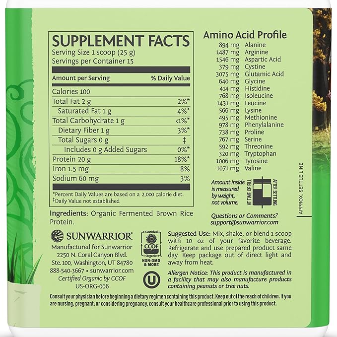 Sunwarrior Brown Rice Protein Powder with Bcaa &amp Amino Acids Raw Rice Protein Shake Gluten Free Low Carb Dairy Free | Plant Based Classic Sprouted Brown Rice Protein Powder Natural 375g