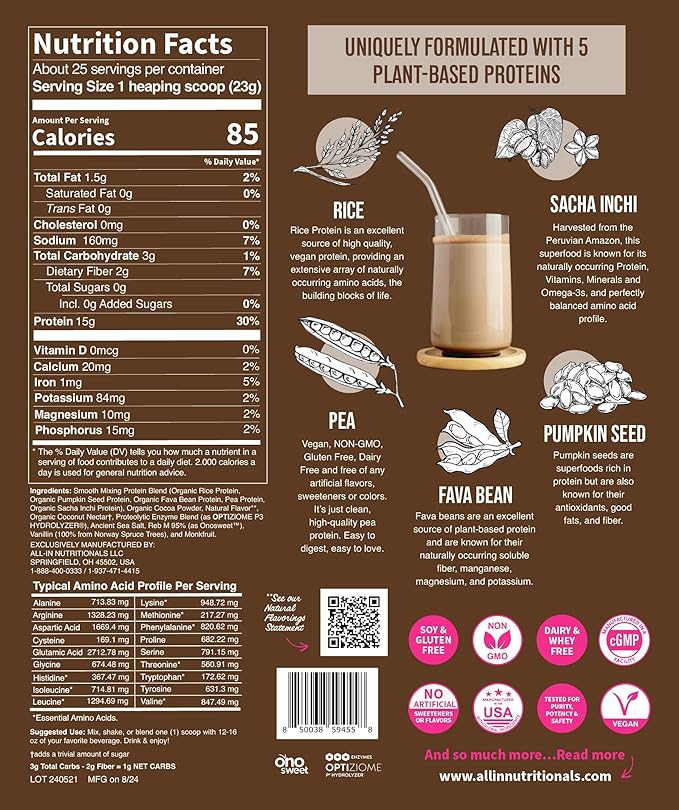 All In Nutritionals EZ Plant Protein Vegan Keto-Friendly Dairy-Free Soy-Free Gluten-Free in Chocolate Blend of Rice Peas Sacha Inchi and Pumpkin Seeds - NO Bloat - with Digestive Enzymes