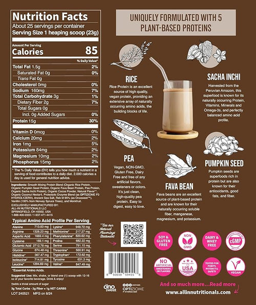 All In Nutritionals EZ Plant Protein Vegan Keto-Friendly Dairy-Free Soy-Free Gluten-Free in Chocolate Blend of Rice Peas Sacha Inchi and Pumpkin Seeds - NO Bloat - with Digestive Enzymes
