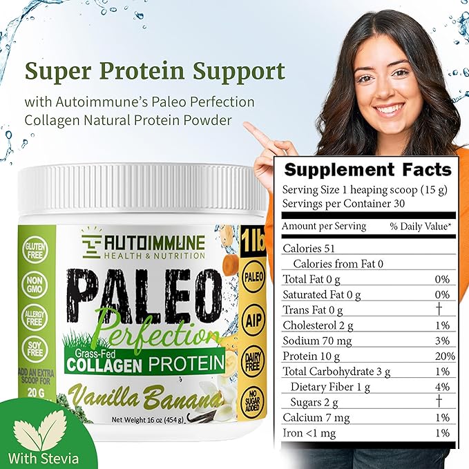 Paleo Perfection Vanilla Banana Grass Fed Beef Collagen Protein Powder with Stevia - Paleo Keto SCD AIP Protein Powder with Apple Fiber Carrot &amp Broccoli - 300g Protein Powder &amp Superfood