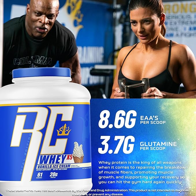 Ronnie Coleman Whey XS Whey Protein Powder Vanilla Ice Cream 61 Servings – 20g Whey Isolate Protein Powder with BCAAs EAAs &amp Glutamine – Low Sugar Supplement for Muscle Growth &amp Recovery
