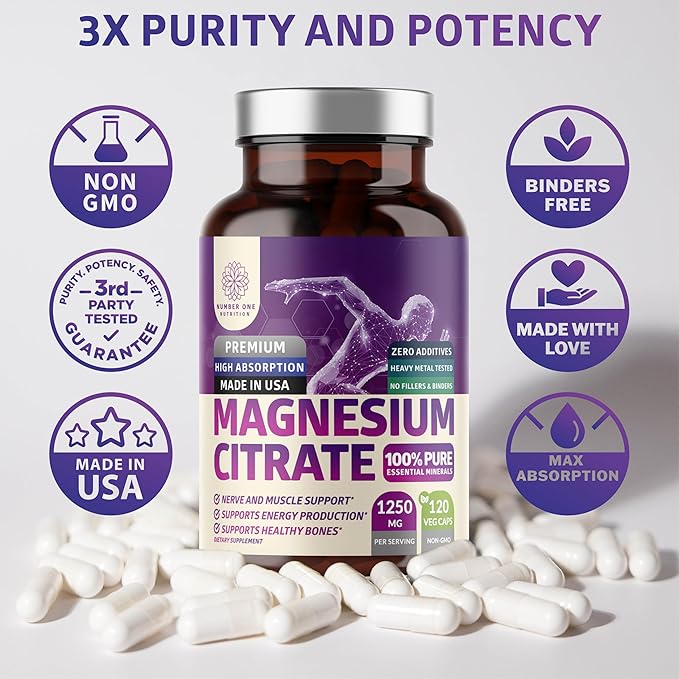 Pure Magnesium Citrate Capsules 1250mg Easily Absorbed and Purified Trace Mineral for Muscle and Digestive Support 120 Caps