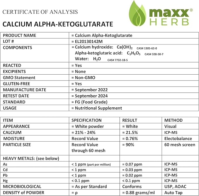 Maxx Herb Calcium AKG Pure Calcium Alpha - Ketoglutarate Powder (Ca-AKG) for Energy Vitality Mental Focus Clarity &amp DNA Structure Non-GMO &amp Gluten Free - 100 Gram Jar (67 Servings)