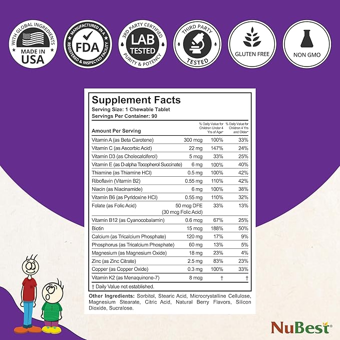 NuBest Bundle Bone Growth and Immunity Tall Kids Chewable Tablets 90 Count and Immune Multivitamin Gummies No Added Sugar for Kids &amp Teens