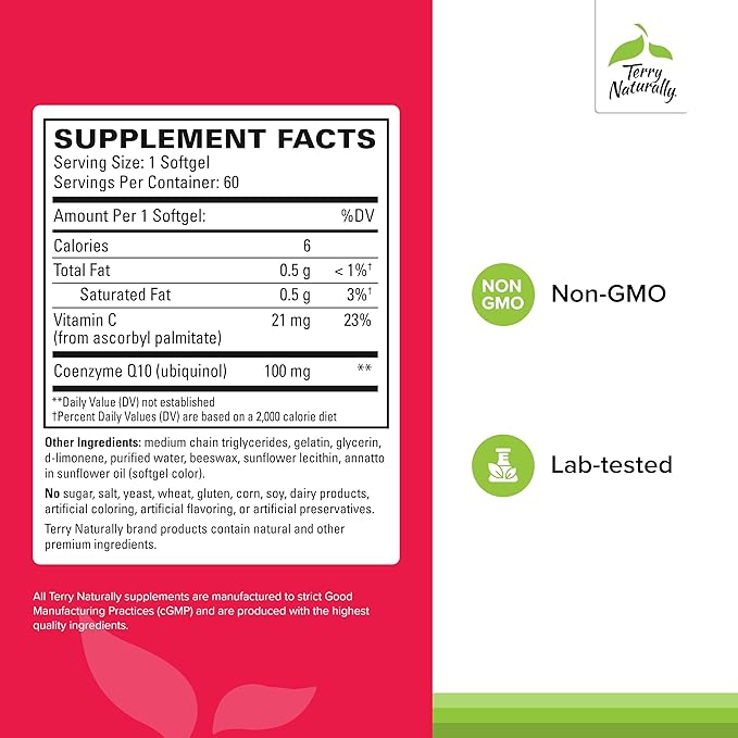 Terry Naturally CoQ10 BioActive Ubiquinol - Cellular Energy Support Supplement - BioActive CoQ10 Supplement - Nutritional Supplement to Aid Healthy Aging &amp Brain Health - 60 Softgels