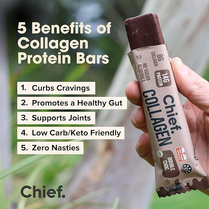 Chief Collagen Protein Bar Double Choc 100% Natural Ingredients Keto &amp Paleo Friendly Snack Gluten Free &amp Low Sugar 12 Pack