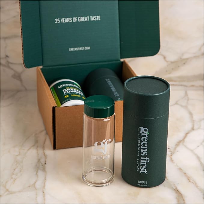 Greens First Gift Set - Limited Edition Glass Carafe &amp Organic Greens Powder - 49 Superfoods - Prebiotics Probiotics &amp Digestive Enzymes - Dairy Free Vegan &amp Non-GMO (Mint 30 Servings)