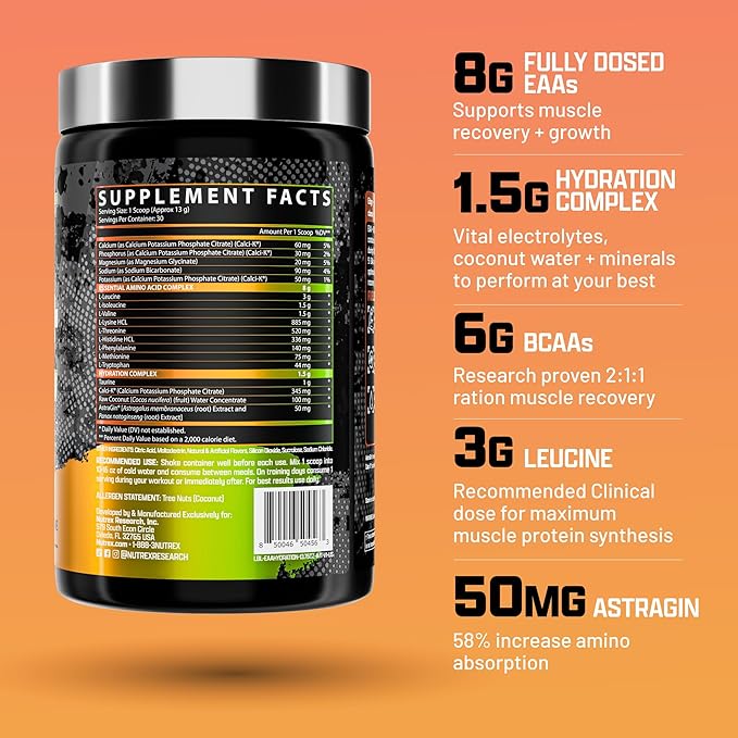 Nutrex Research EAA Hydration | EAAs + BCAA Powder | Muscle Recovery Strength Muscle Building Endurance | 8G Essential Amino Acids + Electrolytes | 30 Servings It's Mango Time