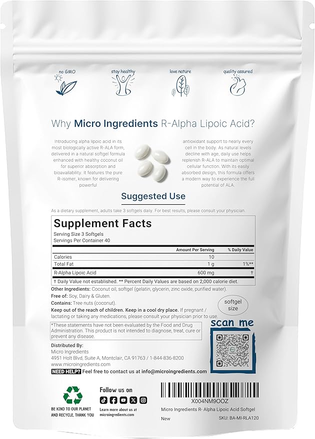 R Alpha Lipoic Acid 600mg with Coconut Oil 120 Softgels | Highly Bioavailable Active Form | ALA Supplement for Antioxidants Nerve Heart &amp Liver Support | Non-GMO Gluten Free No Soy