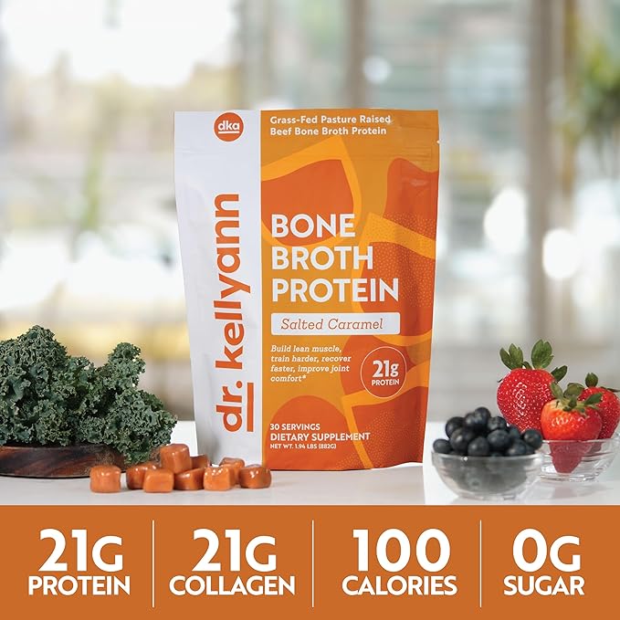 Dr. Kellyann Bone Broth Protein Powder Salted Caramel - 21g Protein Grass-Fed Collagen Sugar-Free Keto &amp Paleo Friendly (30 Servings)