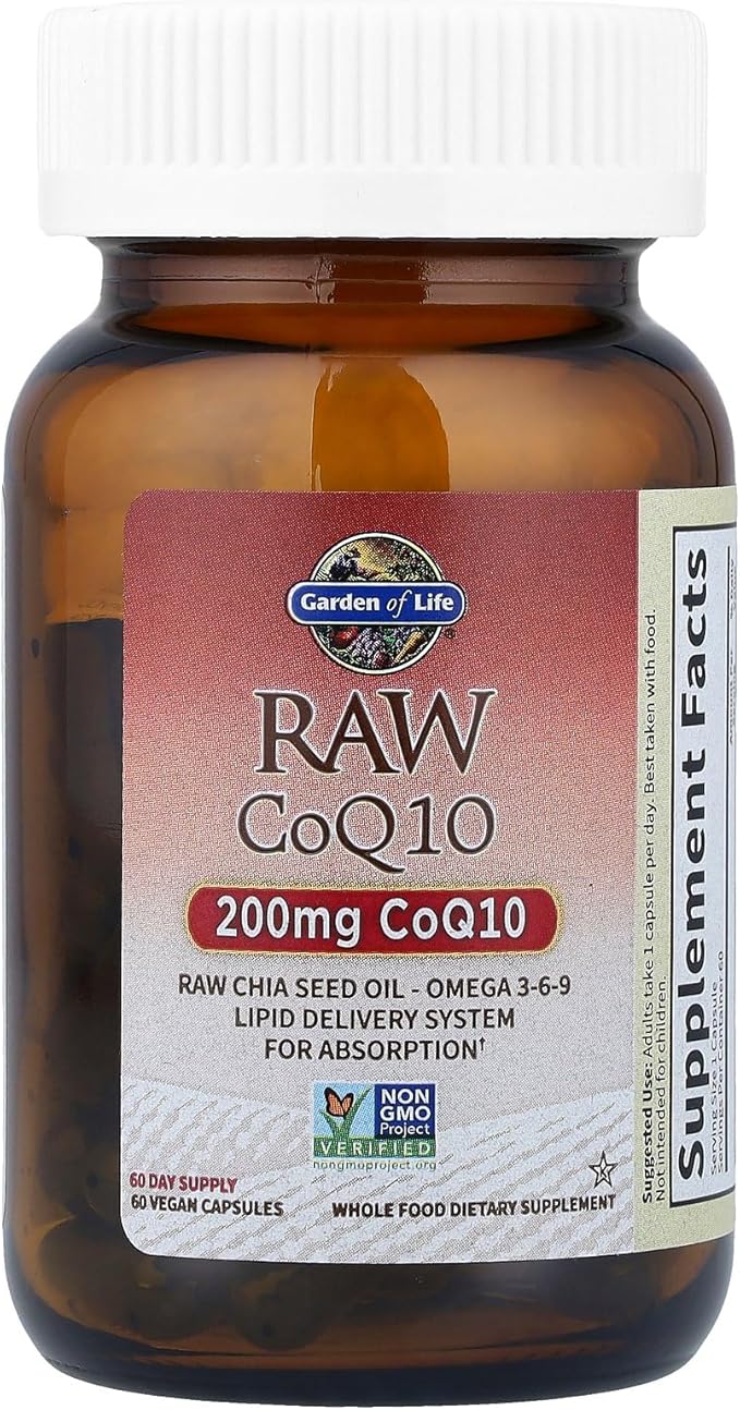 Garden of Life CoQ10 200mg Vegetarian Omega 3 6 9 Supplement Raw Co Q 10 Chia Seed Oil Whole Food Nutrition with Antioxidant Support Coenzyme q10 Supplement for Heart Health 60 Capsules