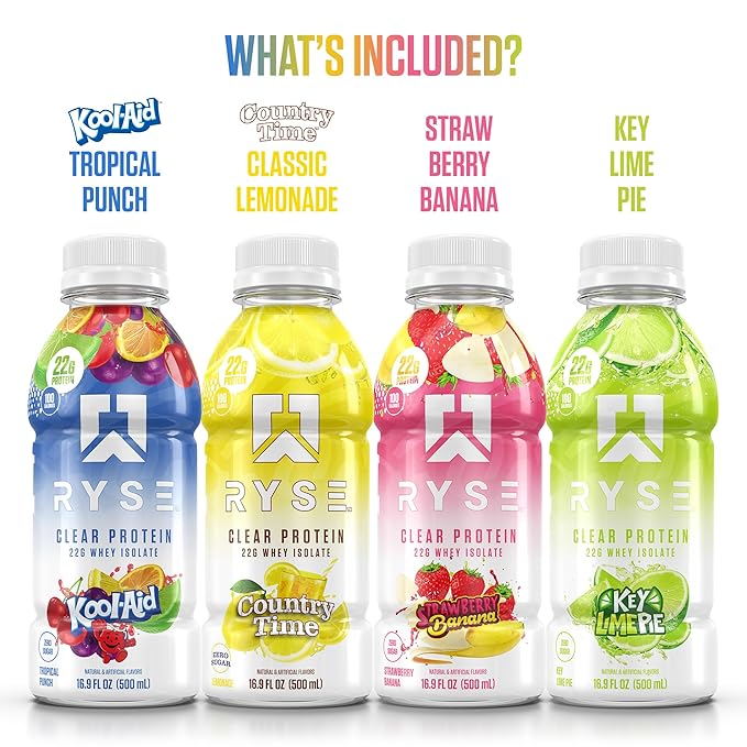 RYSE Clear Protein Drink - Variety Pack - 100 Calories 22g Whey Isolate Protein Shake Sugar-Free 0g Fat &amp Lactose-Free - Refreshing Ready-to-Drink Beverage - 16.9 fl oz Bottles (12-Pack)