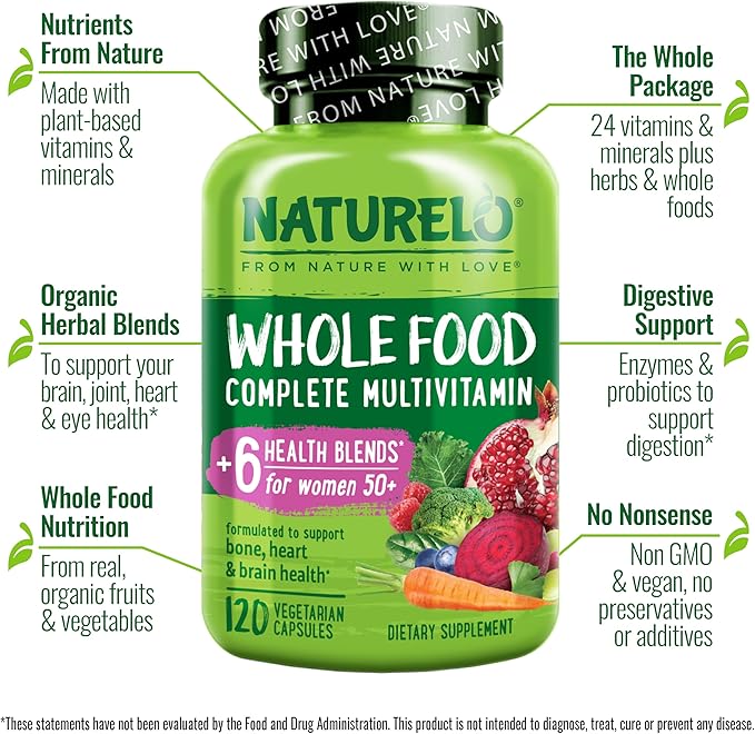 NATURELO Whole Food Multivitamin for Women 50+ (Iron Free) with Vitamins Minerals &amp Organic Extracts - Supplement for Post Menopausal Women Over 50 - No GMO - 120 Vegan Capsules