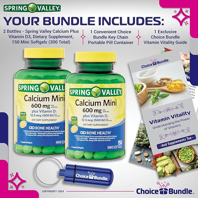 Spring Valley Calcium 600 mg Plus Vitamin D3 12.5 mcg 150 Ct Mini Softgels 2 Pk (300 Total) + Vitamin Guide &amp Pill Container (4 Items)!