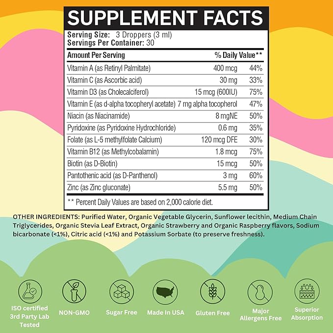 Liposomal Kids Liquid Multivitamin | Non-GMO | Clean | Sugar Free | Gluten Free | Organic Berry Flavors | Immune Support | Bone Health | Overall Wellness | 30 Servings | 3 fl oz