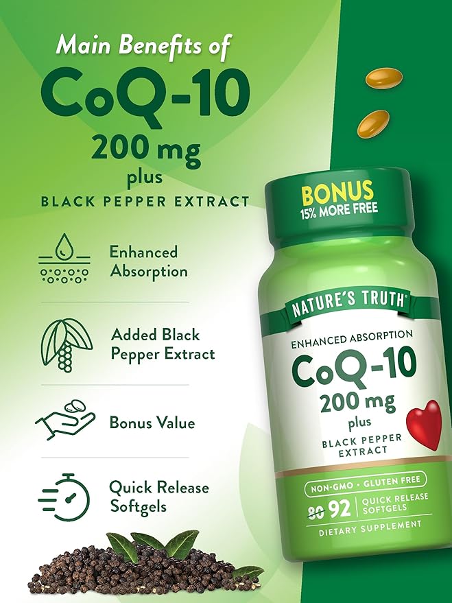 Nature's Truth CoQ10 200 mg Softgels | 92 Count | Enhanced Absorption | with Black Pepper Extract | Non-GMO &amp Gluten Free Supplement