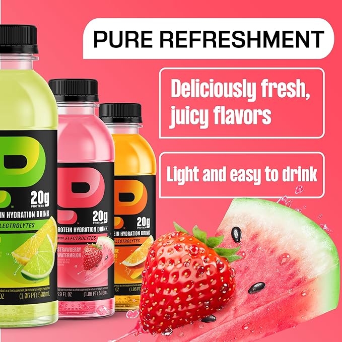 Protein2o Hydration Drink - 2-in-1 Liquid Clear Whey Protein Isolate and Electrolyte Drink - 20g Protein Vitamins B5 B6 - Post-Workout Recovery - 16.9 Fl Oz - 12 Count Strawberry Watermelon