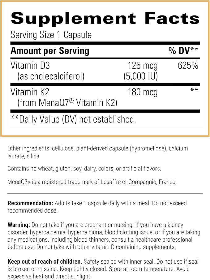 Integrative Therapeutics K2 + D3 - Supplement for Heart Health &amp Bone Strength* - Daily Vitamins for Calcium Absorption - Supports Vitality - Dairy-Free &amp Gluten-Free - 60 Count (60 Servings)