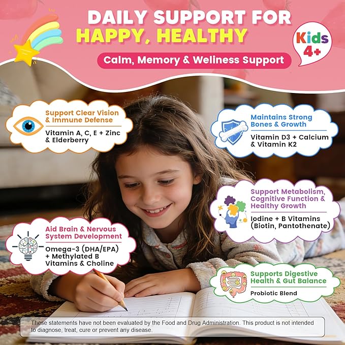 (2 Pack) Kids Methylated Multivitamin Gummies with Omega 3 Multivitamin for Kids 4+ w/L Methylfolate &amp B12 Calcium Probiotics Elderberry 16 Vitamins for Healthy Growth Immune Support Sugar