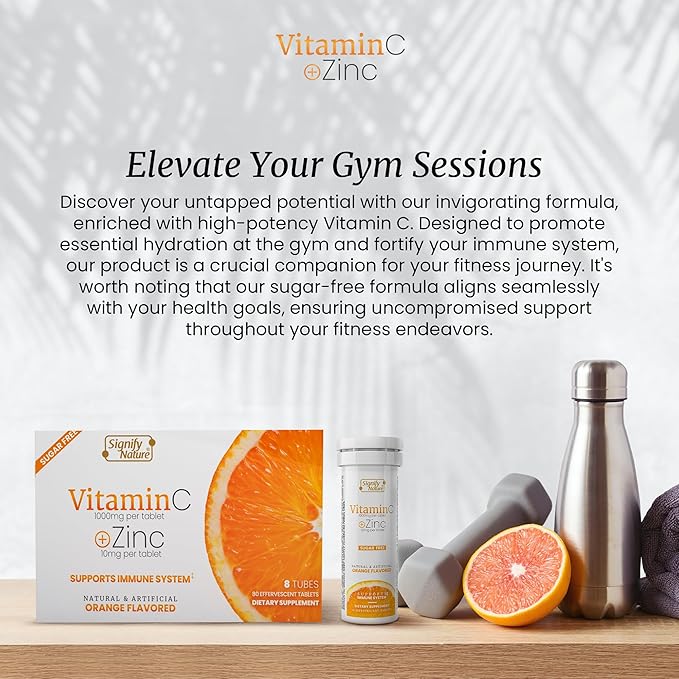 SIGNIFY NATURE Vitamin C 1000mg Effervescent Tablets - Potent Immune Support VIT C with Zinc Supplement - Sugar-Free &amp Vegan Formula | Dissolvable Vitamin C Tablets - Water Soluble Fizzy Elixir -