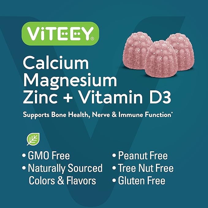 Viteey Calcium Magnesium Zinc Gummies with Vitamin D3 - Supports Bone Health Nerve &amp Immune Function - Calcium Magnesium Zinc D3 for Adults &amp Teens - GMO Free - Chewable Raspberry Flavored Gu
