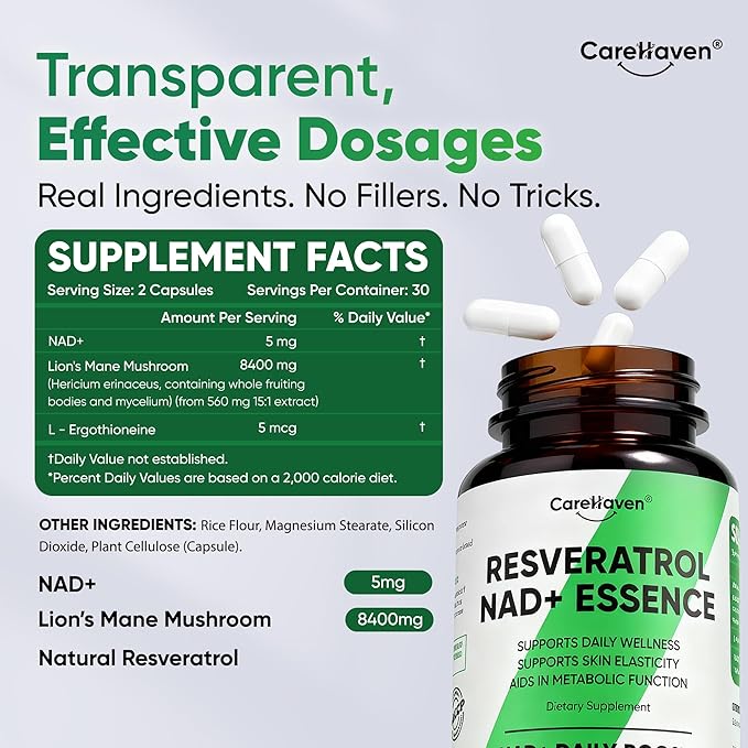 NAD+ Resveratrol Essence Capsules - 5mg NAD+ &amp Lion's Mane Mushroom - Supports Healthy Cell Function &amp Daily Wellness - 60 Active Dietary Capsules (3PCS)