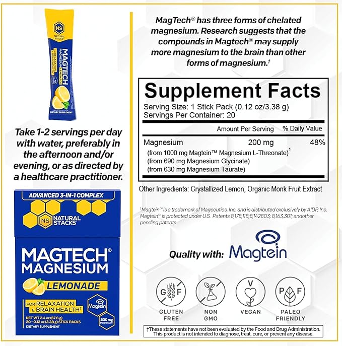 MagTech Magnesium Drink Mix - Sugar Free Lemonade - 3 Forms of Magnesium: Magtein L-Threonate Glycinate &amp Taurate - 200mg Chelated Magnesium Complex - Supports Relaxation &amp Brain Health - 20