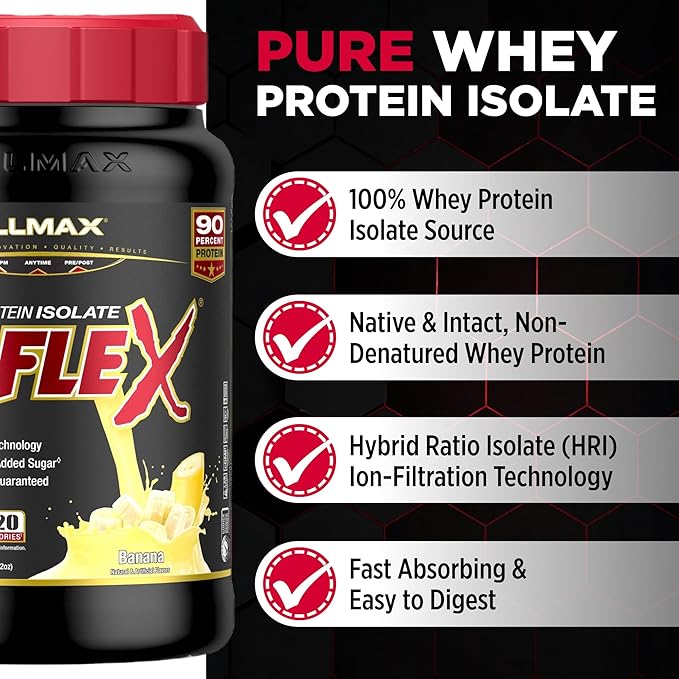 ALLMAX ISOFLEX Pure Whey Isolate Protein Powder - Gluten Free Low Lactose Sugar-Free - High-Protein Clean Keto-Friendly for Pre Post Workout Supplement for Women and Men | Banana 2lb