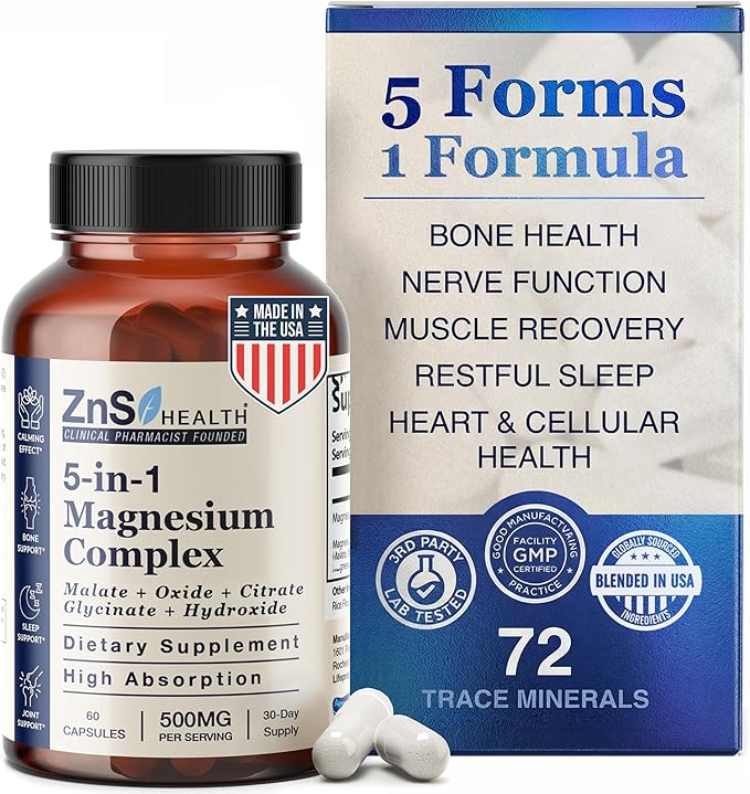Spectrum 5 Magnesium Complex for Women &amp Men – 5 Magnesium Complex Supplement with Glycinate Malate Citrate &amp Hydroxide for Sleep Muscle Recovery &amp Calm – 500mg Vegan – 60 Capsules