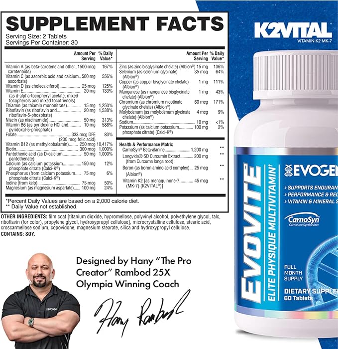 Evogen Evovite - Elite Physique Multivitamin for Women &amp Men | Advanced Formula for Endurance Recovery &amp Joint Health | Vitamins &amp Mineral Support | 30 Servings