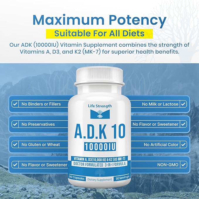ADK Supplement (90 CT) - Physician Formulated Vitamins A1 D3 &amp K2 (as MK7) for Bone Health - Immune System Support - Gluten Free Soy Free Non-GMO - Pack of 2