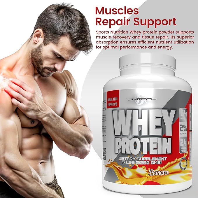Unitech USK Whey Protein Banana Powder | Muscle Repair &amp Metabolism Support | Protein with Essential Amino Acids Enzymes &amp Minerals | Sports Supplement | Banana Flavor 80oz