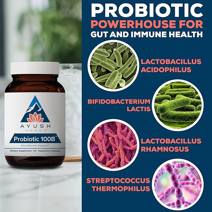 Ayush Herbs Probiotic 100B - Probiotics for Women Probiotics for Men Prebiotics and Probiotics for Digestive Health Gas Relief Gut Microbiome Balance - 60 Vegetarian Capsules (1 Count)