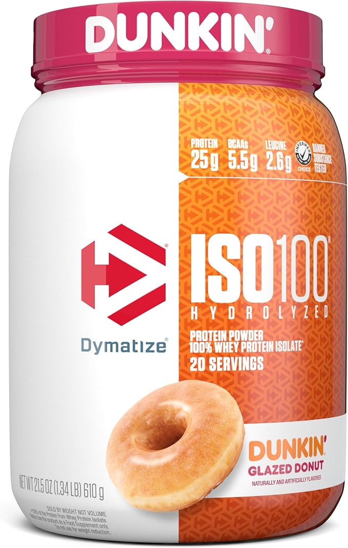 Dymatize ISO100 Hydrolyzed Protein Powder 100% Whey Isolate Dunkin' Glazed Donut Flavor 20 Servings &amp ISO100 Hydrolyzed Protein Powder 100% Whey Isolate Protein 25g of Protein 5.5g BCAAs