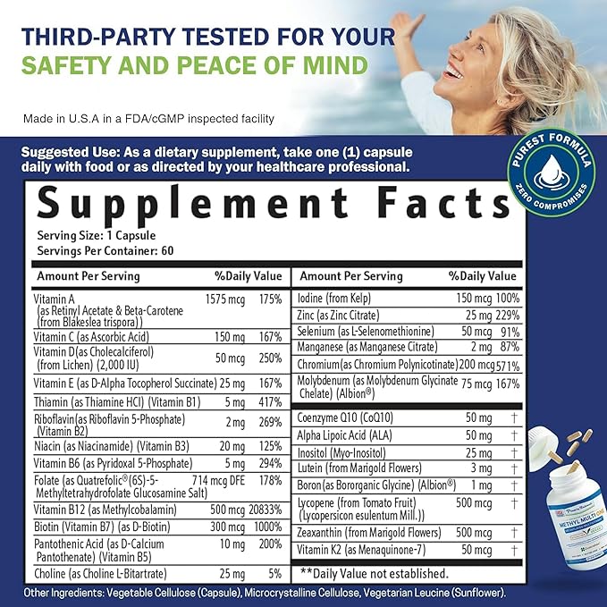 Power By Naturals Methyl Multi One – Iron-Free Methylated Multivitamin for Men &amp Women with B12 Methylcobalamin P5P Folate (5-MTHF) CoQ10 &amp Zinc for Energy &amp MTHFR Support 60 Capsules