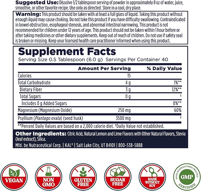 KAL Cleanout Magnesium Plus Psyllium Husk Powder - Lemon Lime - Magnesium Oxide with Fiber Supplement - Regulation Support Drink Mix - No Sugar - 60-Day Guarantee 40 Servings 8.5 OZ
