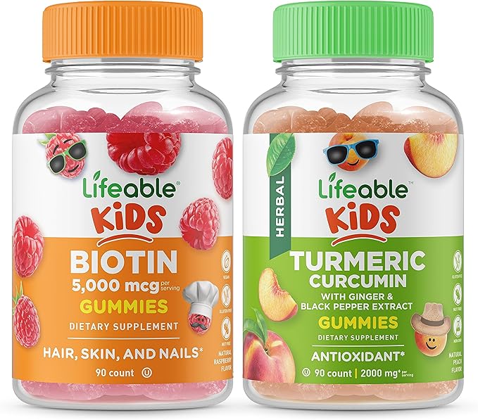 Lifeable Biotin Kids + Turmeric Curcumin Kids Gummies Bundle - Great Tasting Vitamin Supplement Gluten Free GMO Free Chewable Gummy