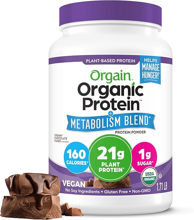 Orgain Organic Protein + Metabolism Blend Powder Chocolate Fudge - 21g Plant Protein 5g Prebiotic Fiber No Lactose Ingredients Low Sugar Non-GMO for Shakes &amp Smoothies 1.71 lb