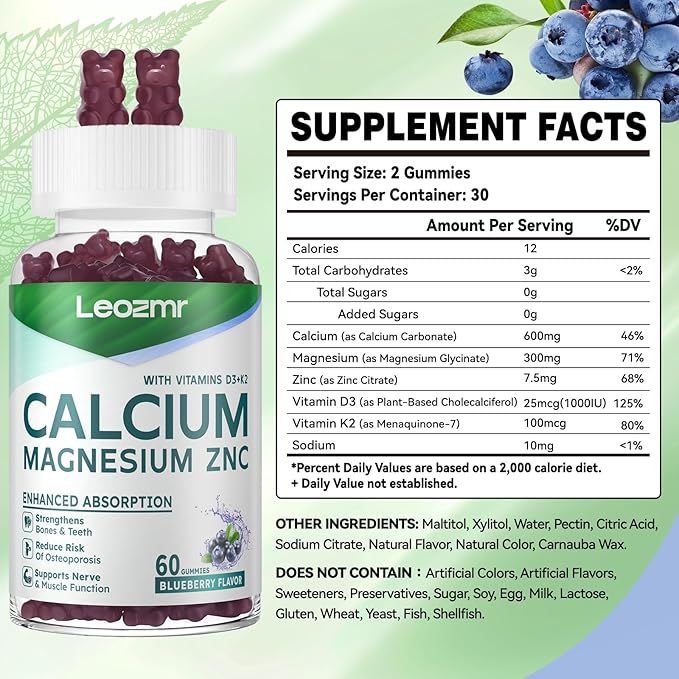 Calcium Magnesium Zinc Gummies with Vitamin D3 &amp K2 - High Potency Enhanced Absorption -120 Blueberry Gummies Flavored