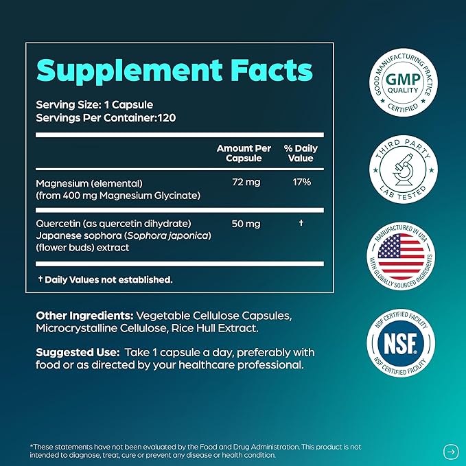 Magnesium Glycinate 400mg High Absorption Capsules with Quercetin | Quality Sleep Relaxation &amp Muscle Health Supplement for Women and Men | Chelated Magnesium 120 Count (Pack of 3) | Easy to Swal