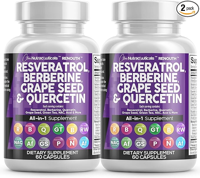 Clean Nutraceuticals Resveratrol Berberine Grape Seed Extract Quercetin Green Tea Extract Polyphenol Supplement for Women &amp Men N-Acetyl Cysteine Acai - 2Pack